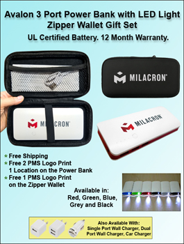 Avalon 3 Port Power Bank with an Led Light supplied in a Black Zipper Wallet